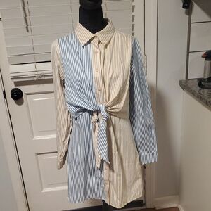 Blue Blush Striped Blue and Tan Button Up Shirt Dress